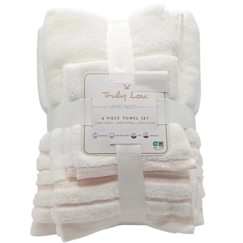 Truly Lou 6pc White Pink Soft Zero Twist Cotton Towel Set 2‎ Bath 2 Hand 2 Wash